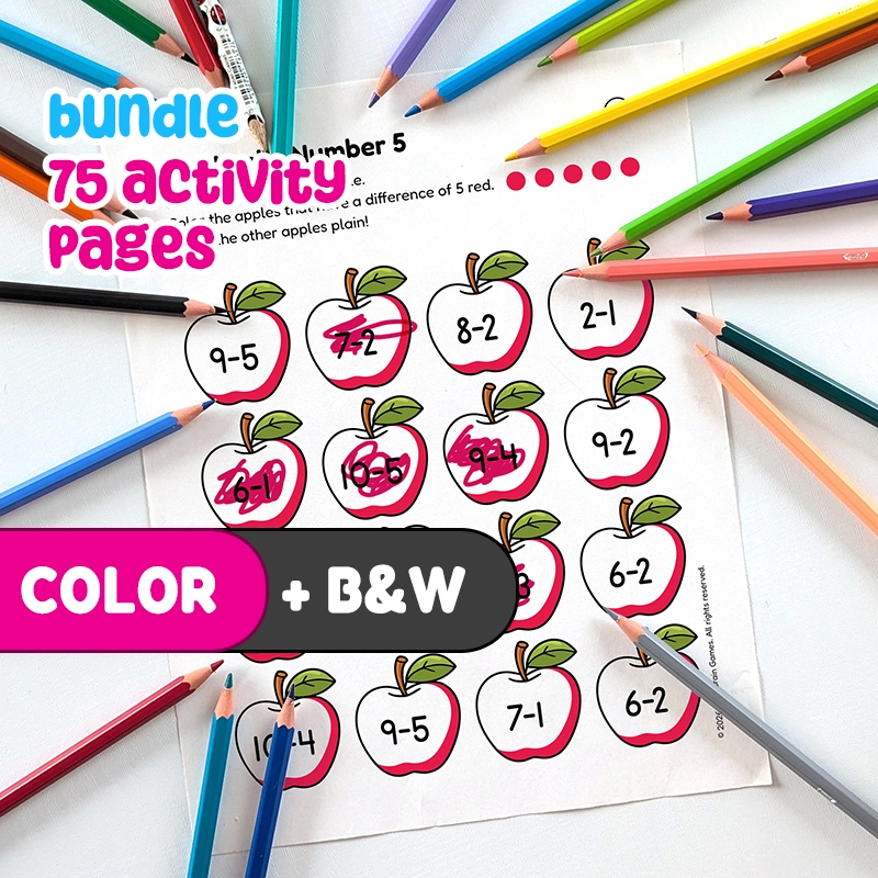 Printable PDF 75 Math Activity Pages: Counting, Addition & Subtraction | Subtraction