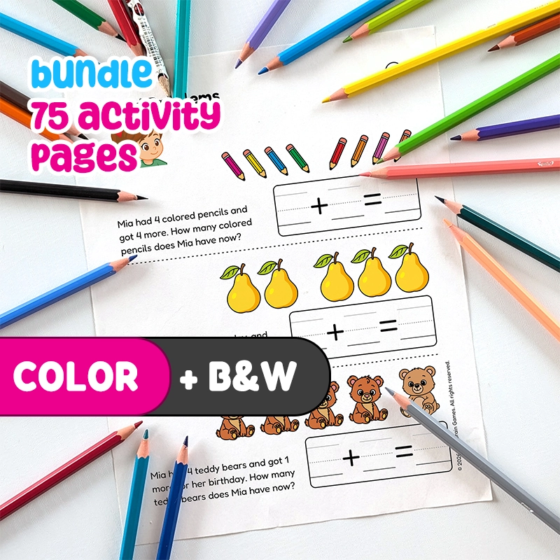 Printable PDF 75 Math Worksheets: Addition, Subtraction & Word Problems | Addition