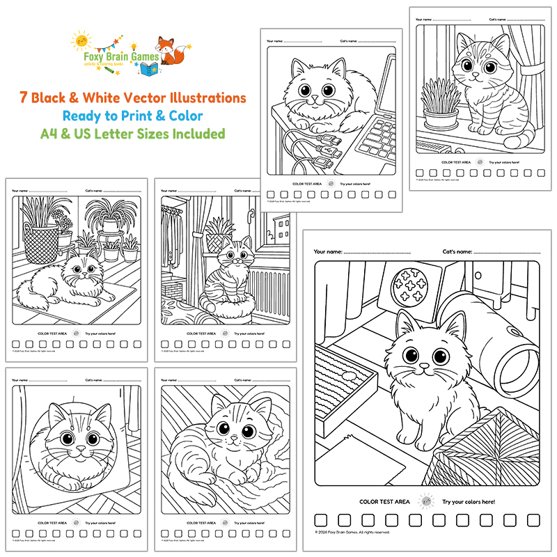 Printable PDF | 7 Cat Coloring Pages for Kids | Content