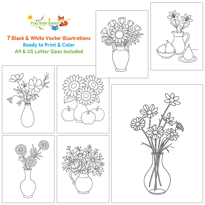 Printable PDF | 7 Flower Coloring Pages for Kids | Content