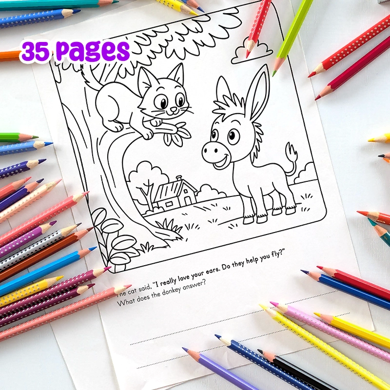 Printable PDF | Animal Coloring Book with Fun Conversation Prompts | cat and donkey