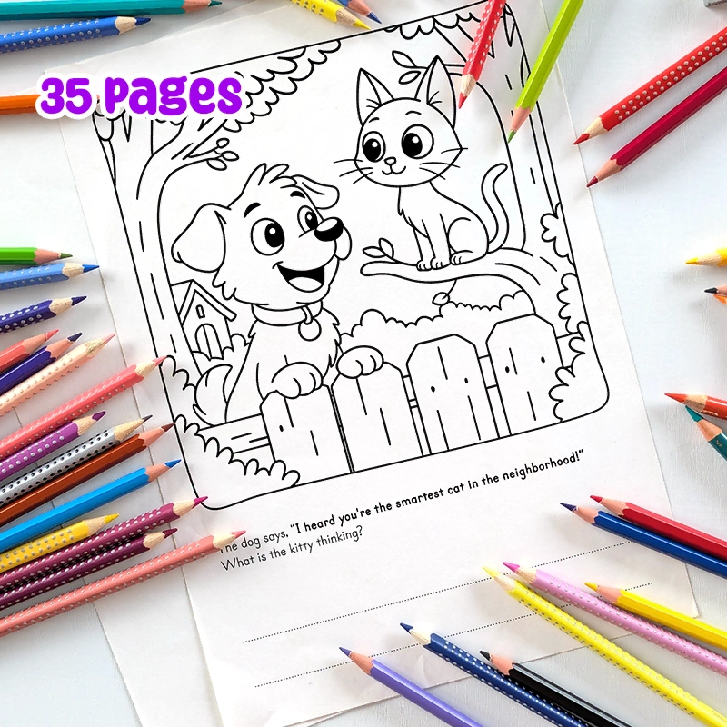 Printable PDF | Animal Coloring Book with Fun Conversation Prompts | cat and dog