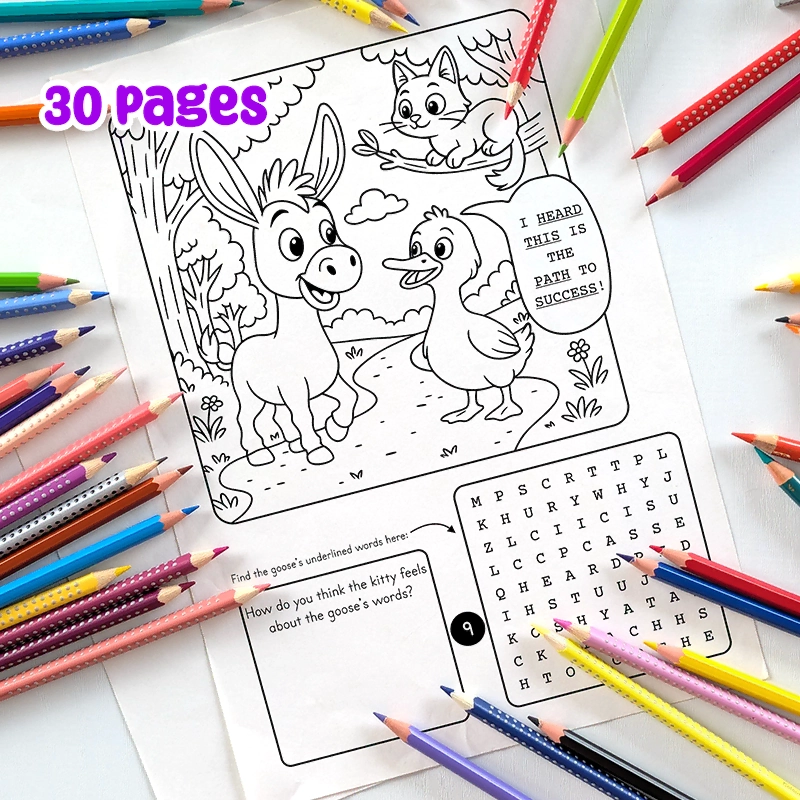 Printable PDF | Coloring Pages, Word Search Puzzles & Social Skills Prompt | cat, goos and donkey