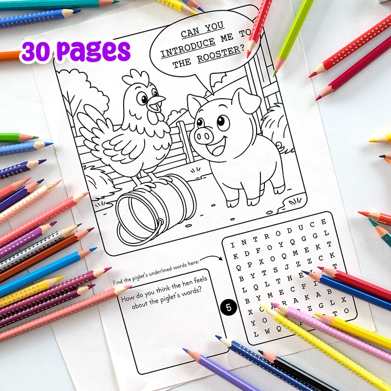 Printable PDF | Coloring Pages, Word Search Puzzles & Social Skills Prompt | pig and hen