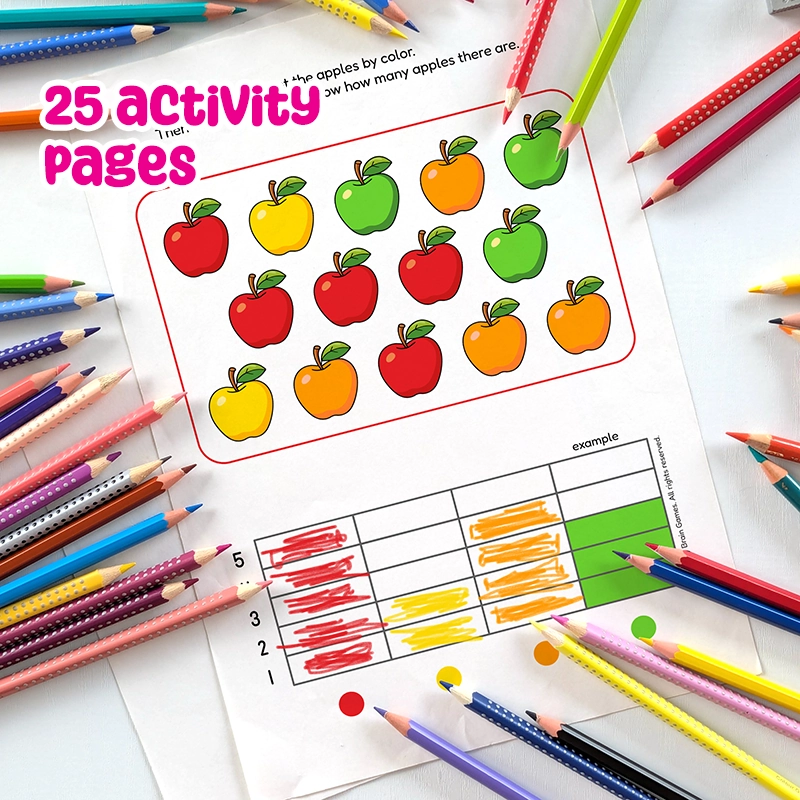 Printable PDF Apple Activity Book for Preschoolers, Preschool Worksheets, Counting, Matching, Mazes