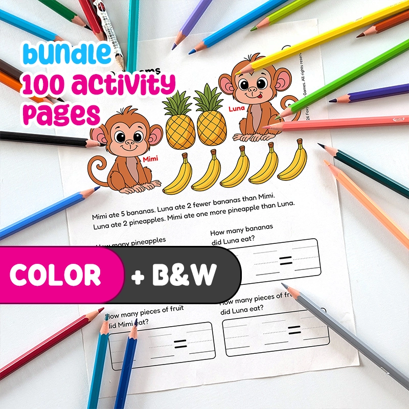 Printable PDF 100 Math Worksheets: Counting, Addition, Subtraction & Word Problems | Word Problems