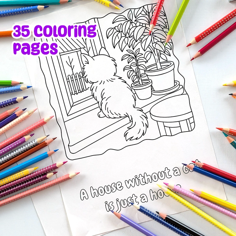 Printable PDF | Cat Coloring Pages for Kids | Cat at the window