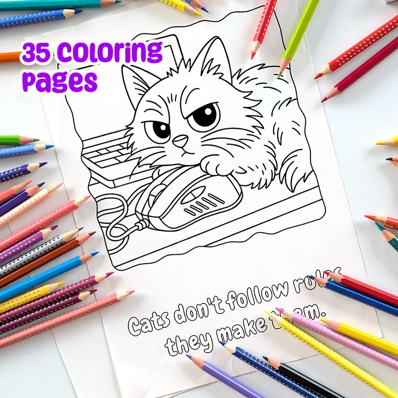 Printable PDF | Cat Coloring Pages for Kids | Cat with mouse