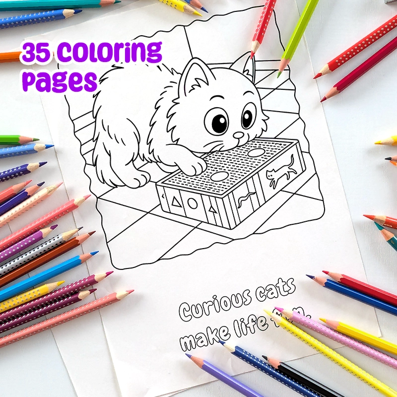 Printable PDF | Cat Coloring Pages for Kids | Cat playing