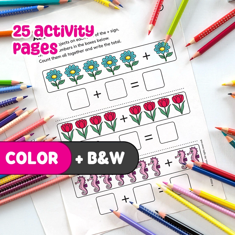 Printable PDF | Direct Download Kindergarten Addition Worksheets: Visual Sums 1-10, Word Problems, Math Puzzles