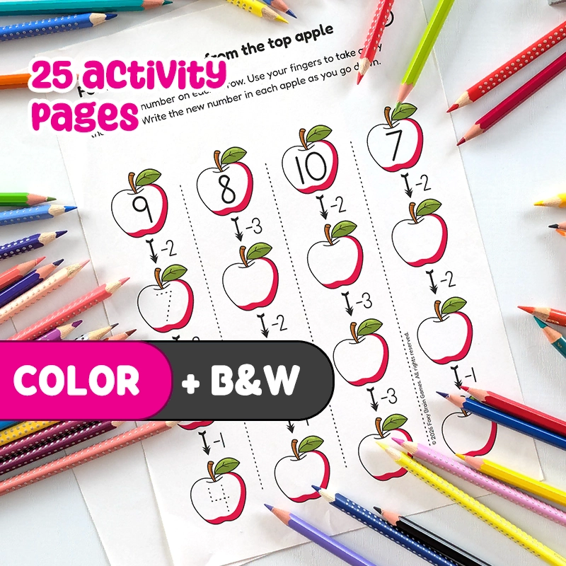 Printable PDF | Direct Download Kindergarten Subtraction Worksheets: Visual Sums 1-10, Word Problems, Math Puzzles