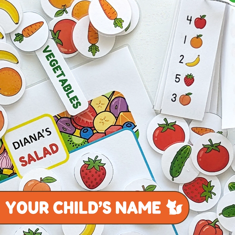 Printable PDF | Personalized Fruit and Vegetable Counting to 5 Game