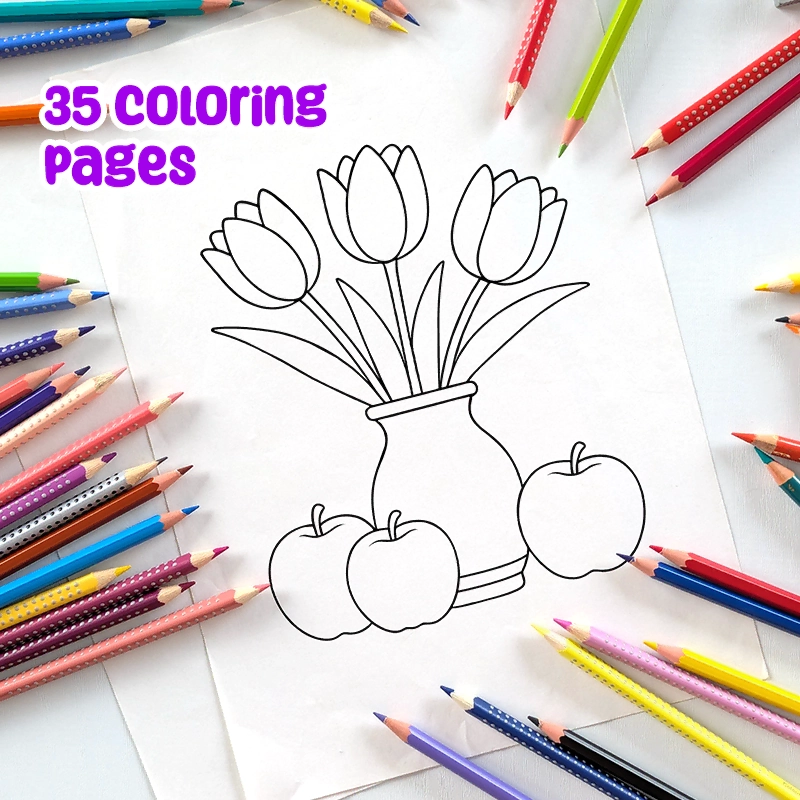 Printable PDF | A Still Life Coloring Pages for Kids | vase with tulips and pears