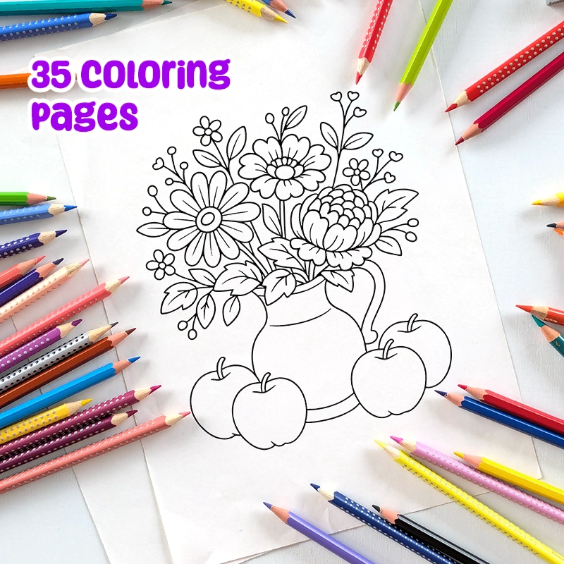 Printable PDF | Flowers & Fruit Coloring Pages for Kids | vase with flowers and apples