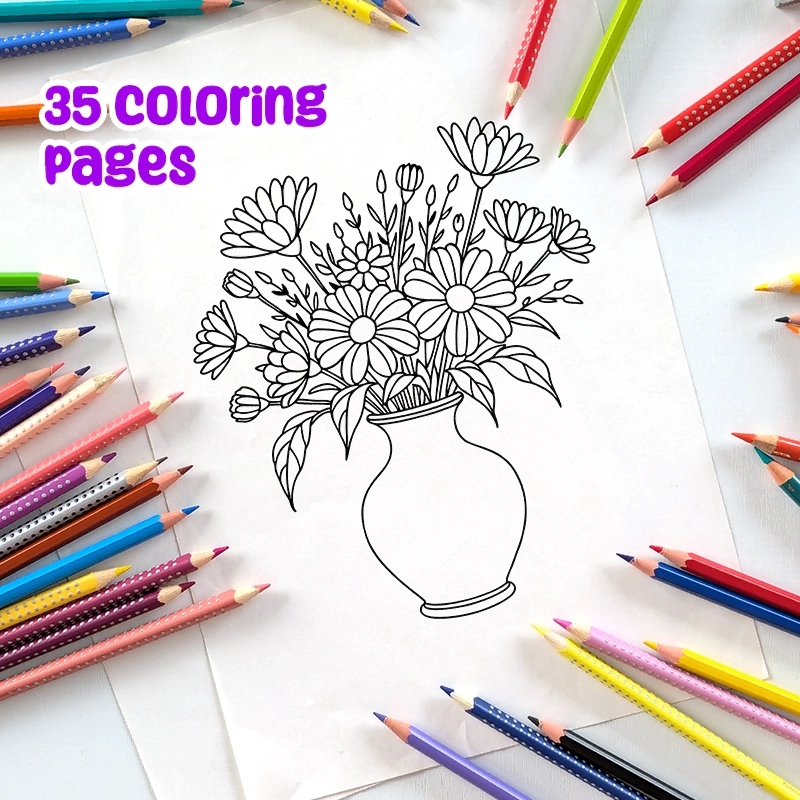Printable PDF | Flowers & Fruit Coloring Pages for Kids | vase with flowers