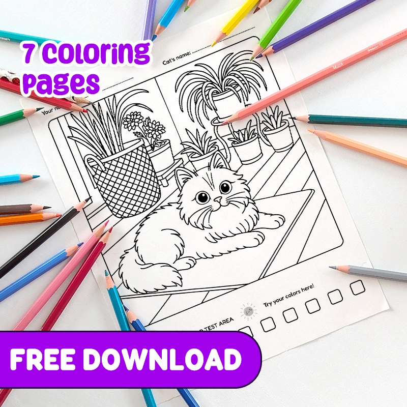 Printable PDF | 7 Cat Coloring Pages for Kids