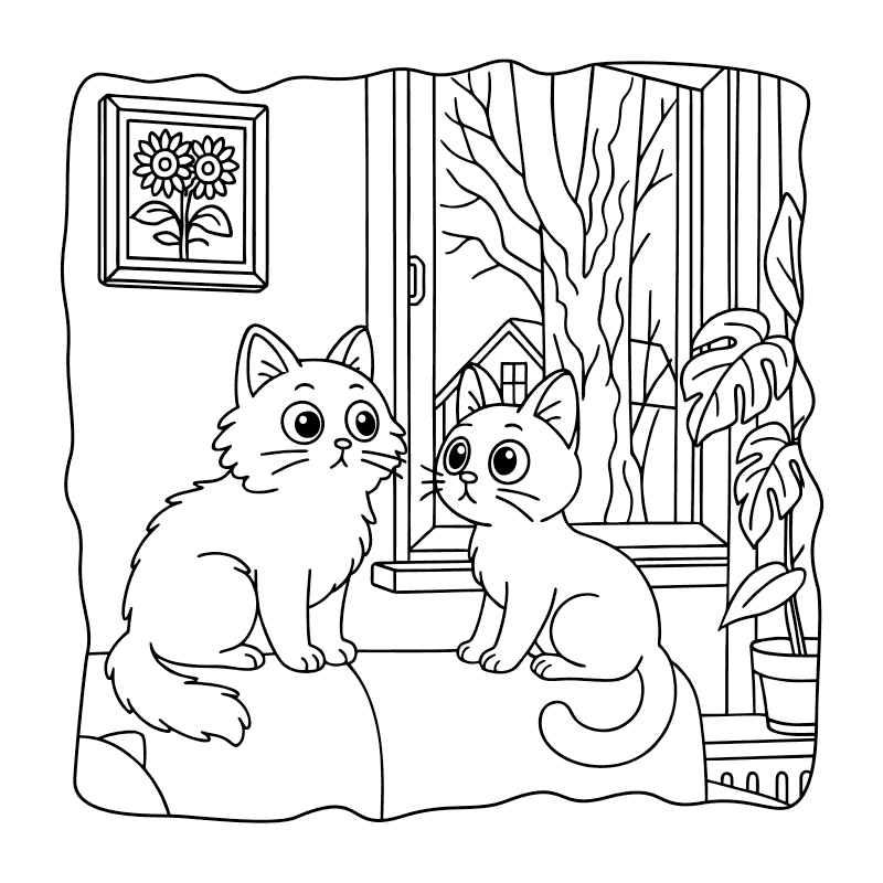 Cute Cats In The Countryside | Coloring Page | The Cats at the Window